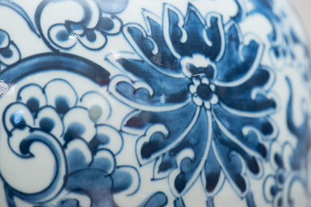 Blue And White Porcelain Peacock Lotus Temple Jar