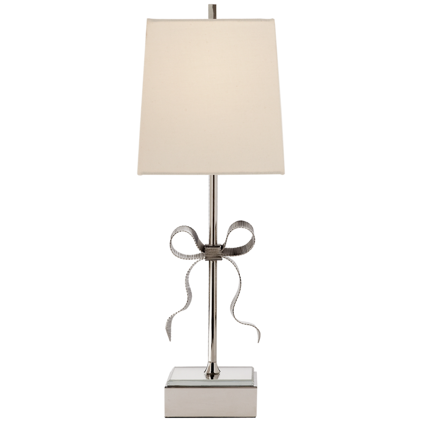 Ellery Gros-Grain Bow Table Lamp in Polished Nickel & Mirror with Cream Linen Shade