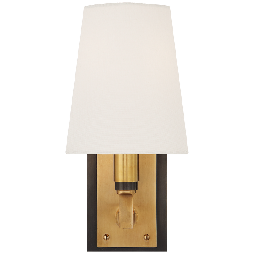 Watson Small Sconce in Bronze and Hand-Rubbed Antique Brass with Linen Shade