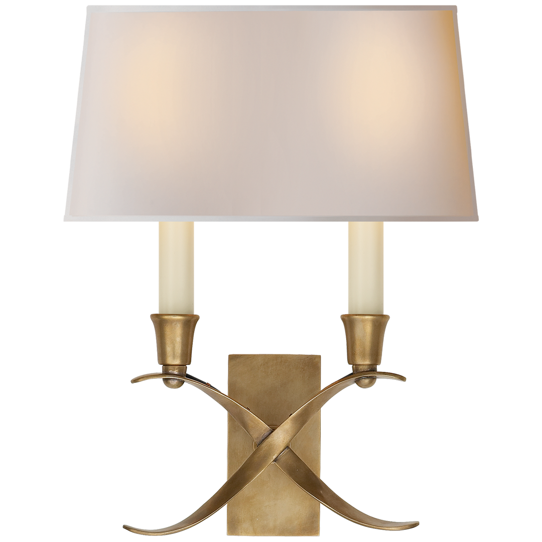 Cross Bouillotte Small Sconce in Antique-Burnished Brass with Natural Paper Shade