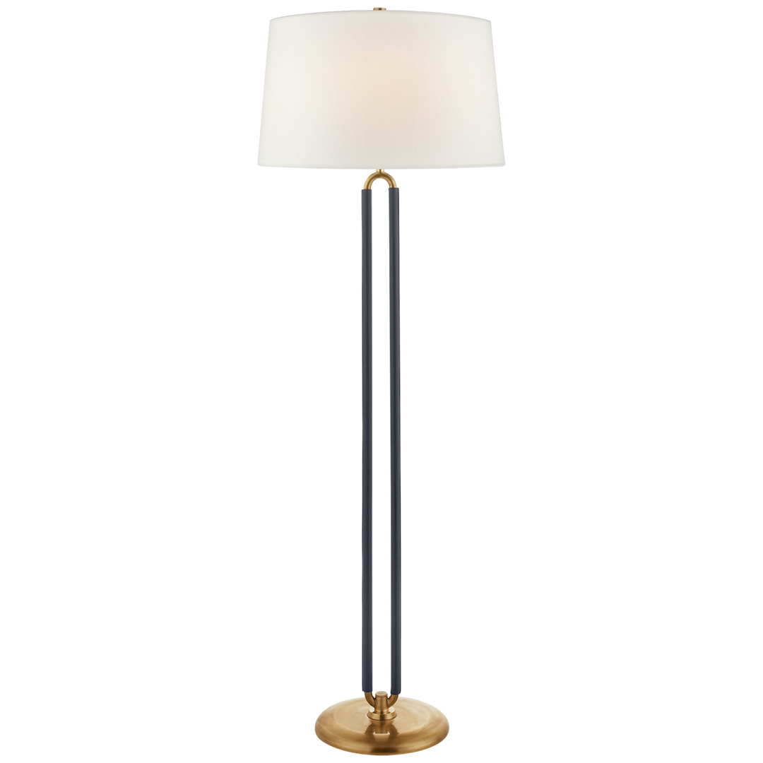 Cody Large Floor Lamp in Natural Brass and Navy Leather with Linen Shade