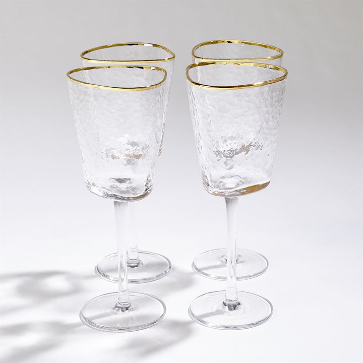 Set of 4 Hammered Wine Glasses - Clear with Gold Rim