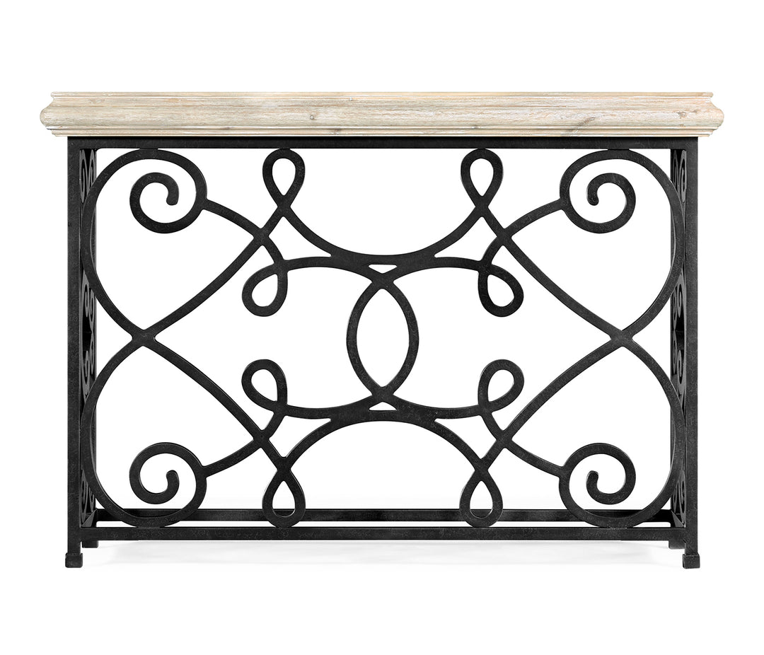 54" Width Rectangular Limed Wood Console with Wrought Iron Base