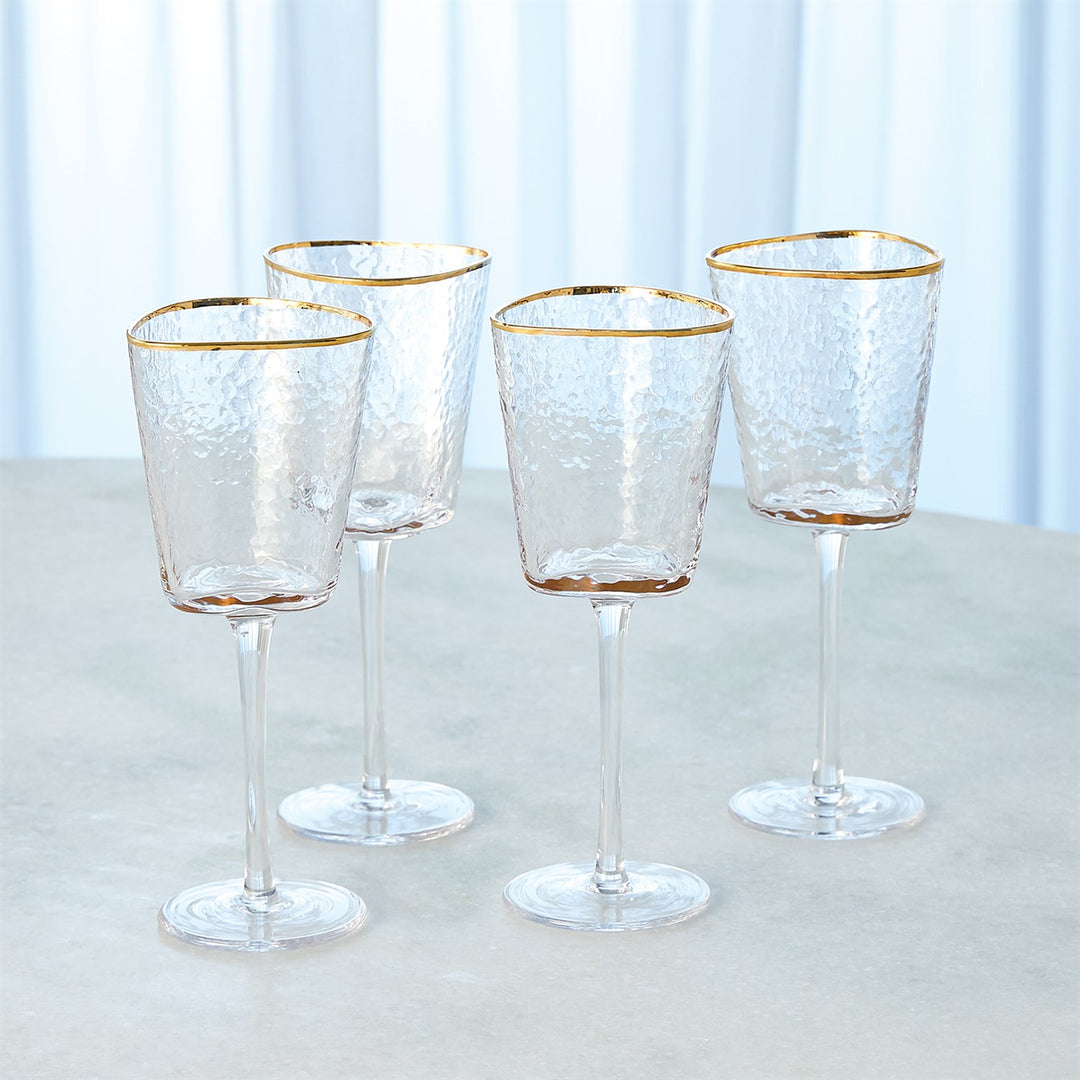 Set of 4 Hammered Wine Glasses - Clear with Gold Rim
