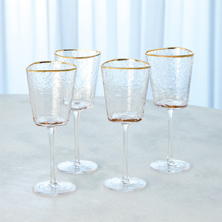 Set of 4 Hammered Wine Glasses - Clear with Gold Rim