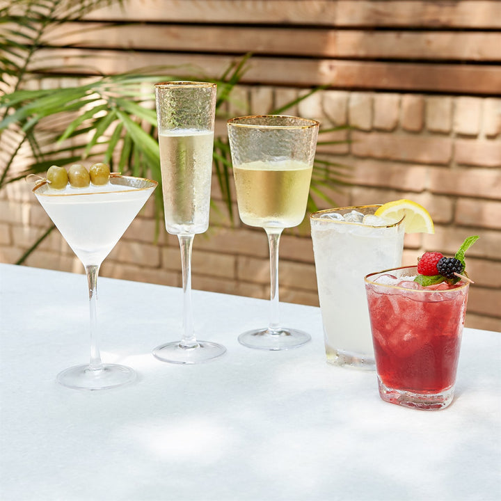 Set of 4 Hammered High Ball Glasses-Clear w/Gold Rim