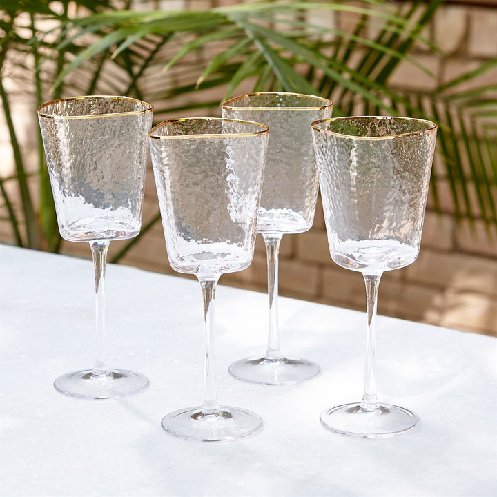 Set of 4 Hammered Wine Glasses - Clear with Gold Rim
