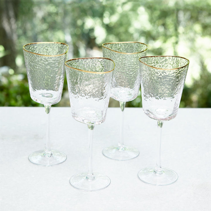 Set of 4 Hammered Wine Glasses - Clear with Gold Rim