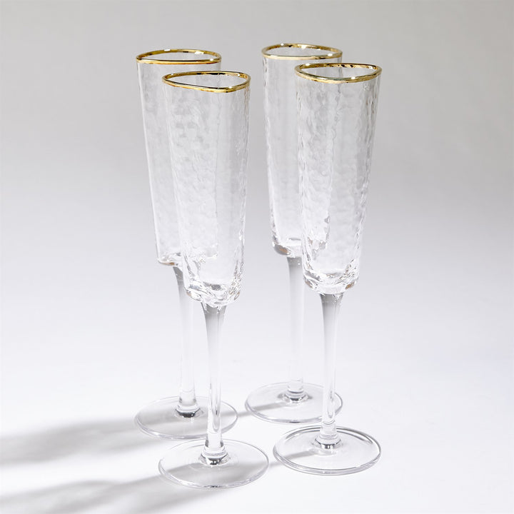 Set of 4 Hammered Champagne Glasses - Clear w/Gold Rim