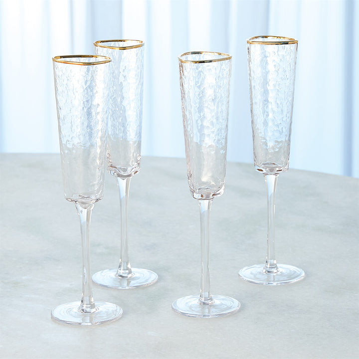 Set of 4 Hammered Champagne Glasses - Clear w/Gold Rim
