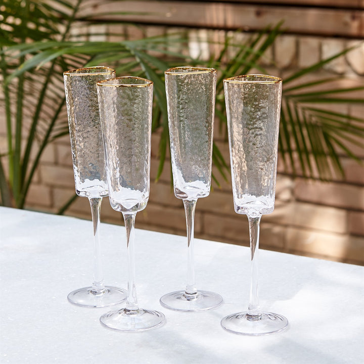 Set of 4 Hammered Champagne Glasses - Clear w/Gold Rim