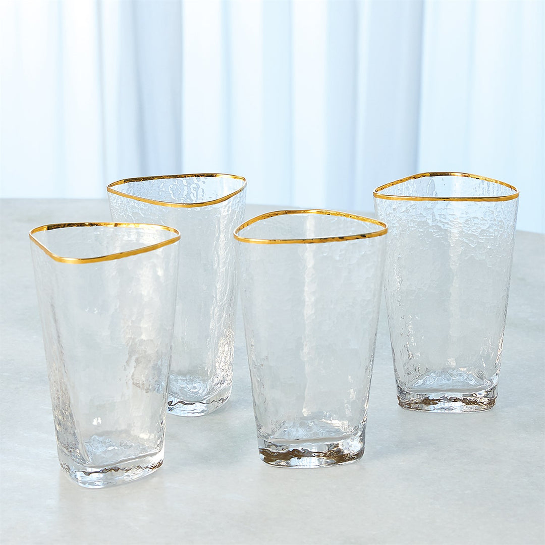 Set of 4 Hammered High Ball Glasses-Clear w/Gold Rim
