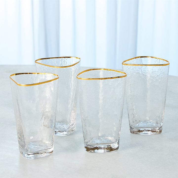 Set of 4 Hammered High Ball Glasses-Clear w/Gold Rim