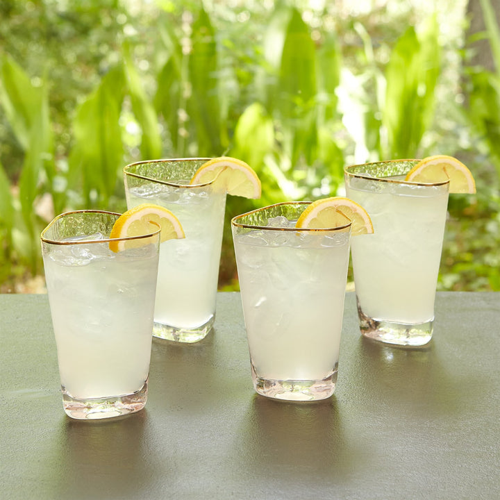 Set of 4 Hammered High Ball Glasses-Clear w/Gold Rim