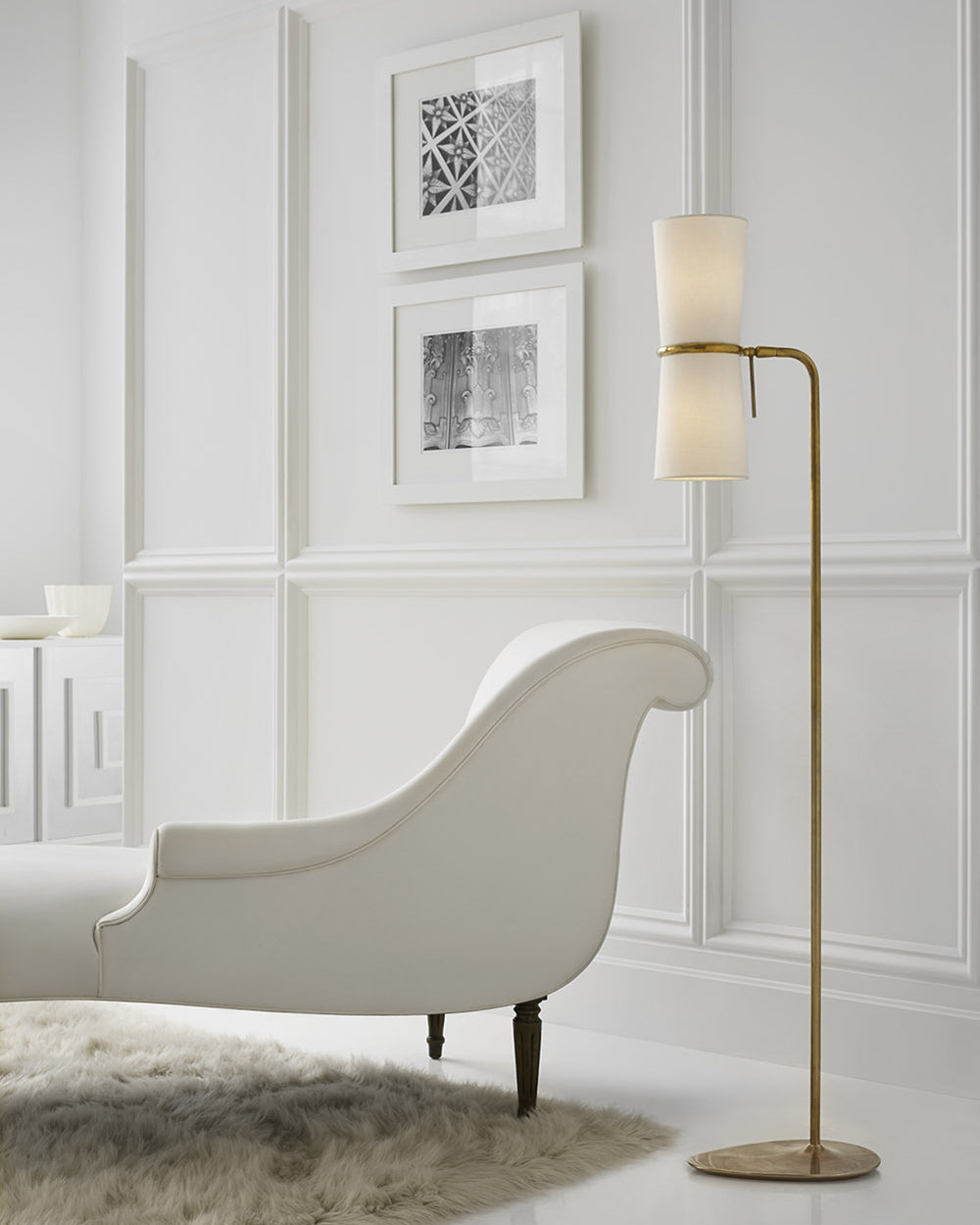 Clarkson Floor Lamp in Black And Hand-Rubbed Antique Brass With Linen Shades