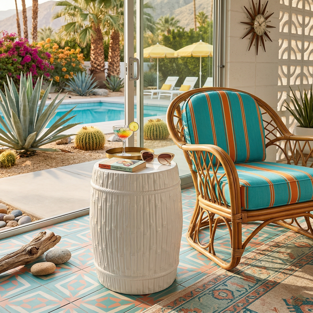 Outdoor patio scene with a striped chair, table, and pool view.
