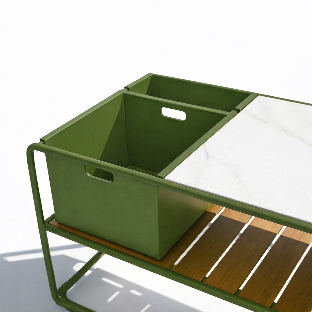 Enzo Bar Cart with Ceramic Calacatta Gold Top - Olive Green
