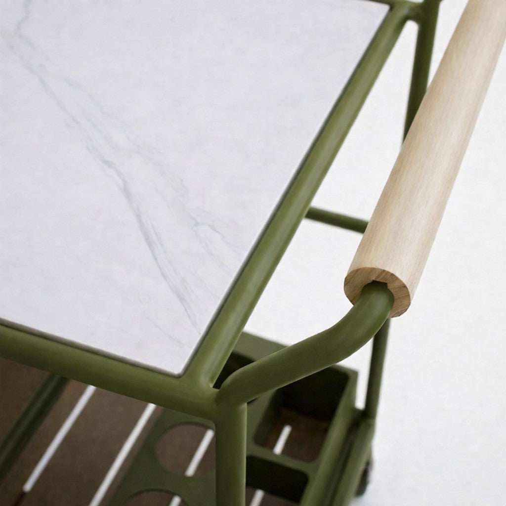 Enzo Bar Cart with Ceramic Calacatta Gold Top - Olive Green