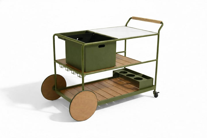 Enzo Bar Cart with Ceramic Calacatta Gold Top - Olive Green