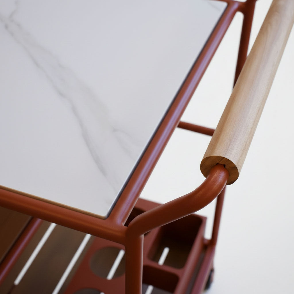 Enzo Bart Cart with Ceramic Calacatta Top - Red Ochre