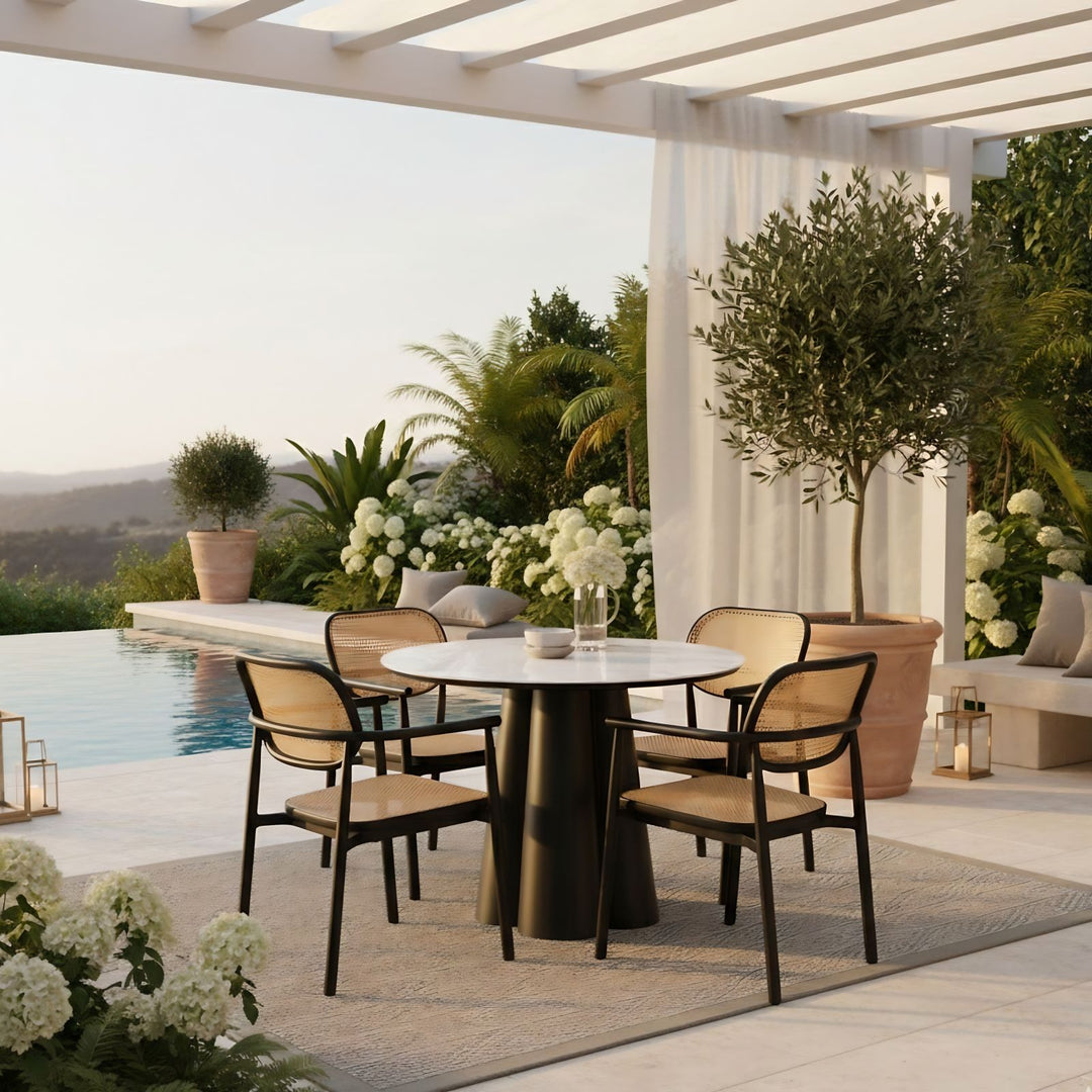 Marrakesh Round Black Dining Table with Ceramic Calacatta Gold Top