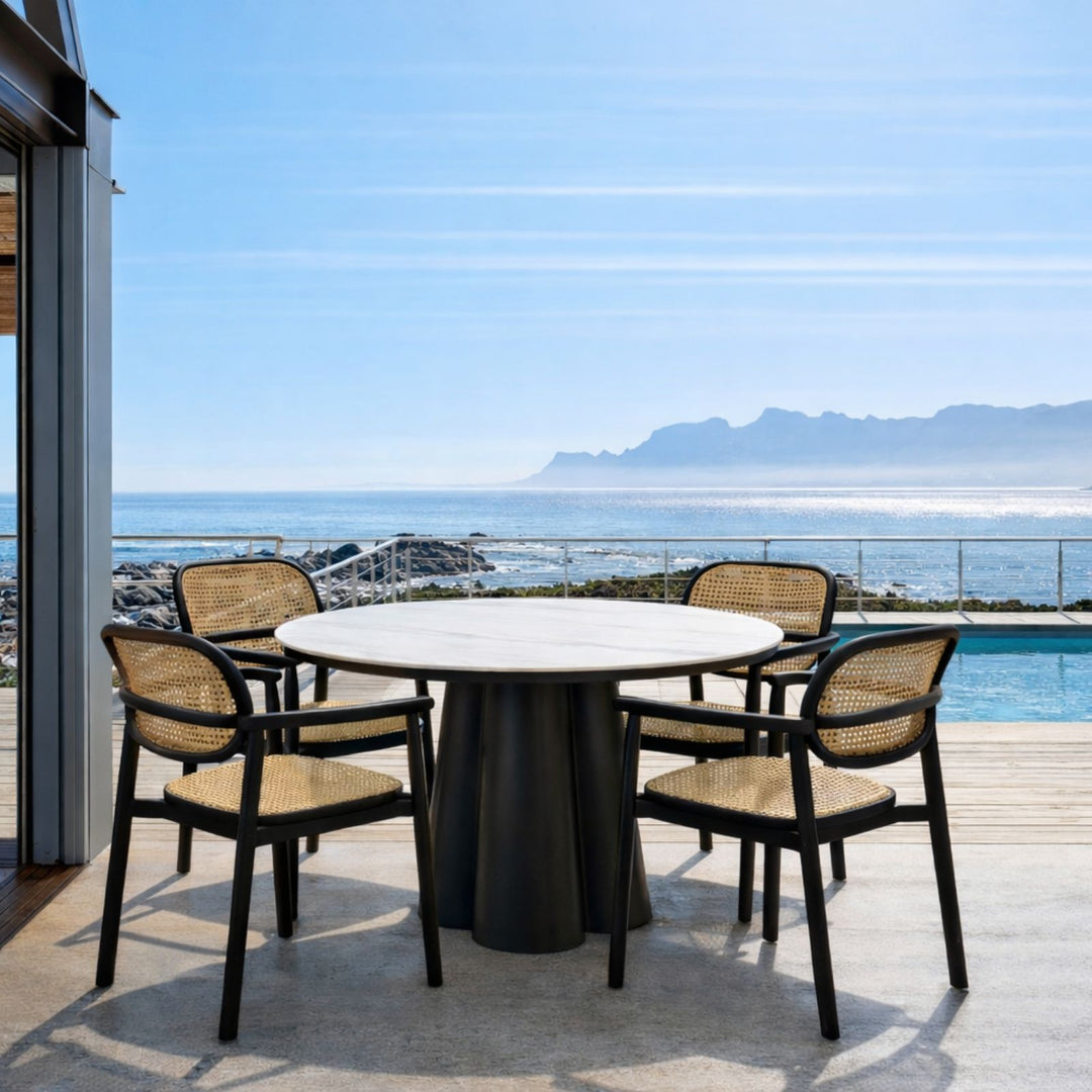Marrakesh Round Black Dining Table with Ceramic Calacatta Gold Top