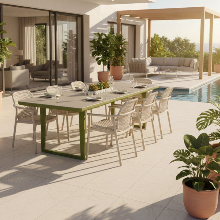 Bagel Olive Green extendable Dining table with Ceramic Limestone top