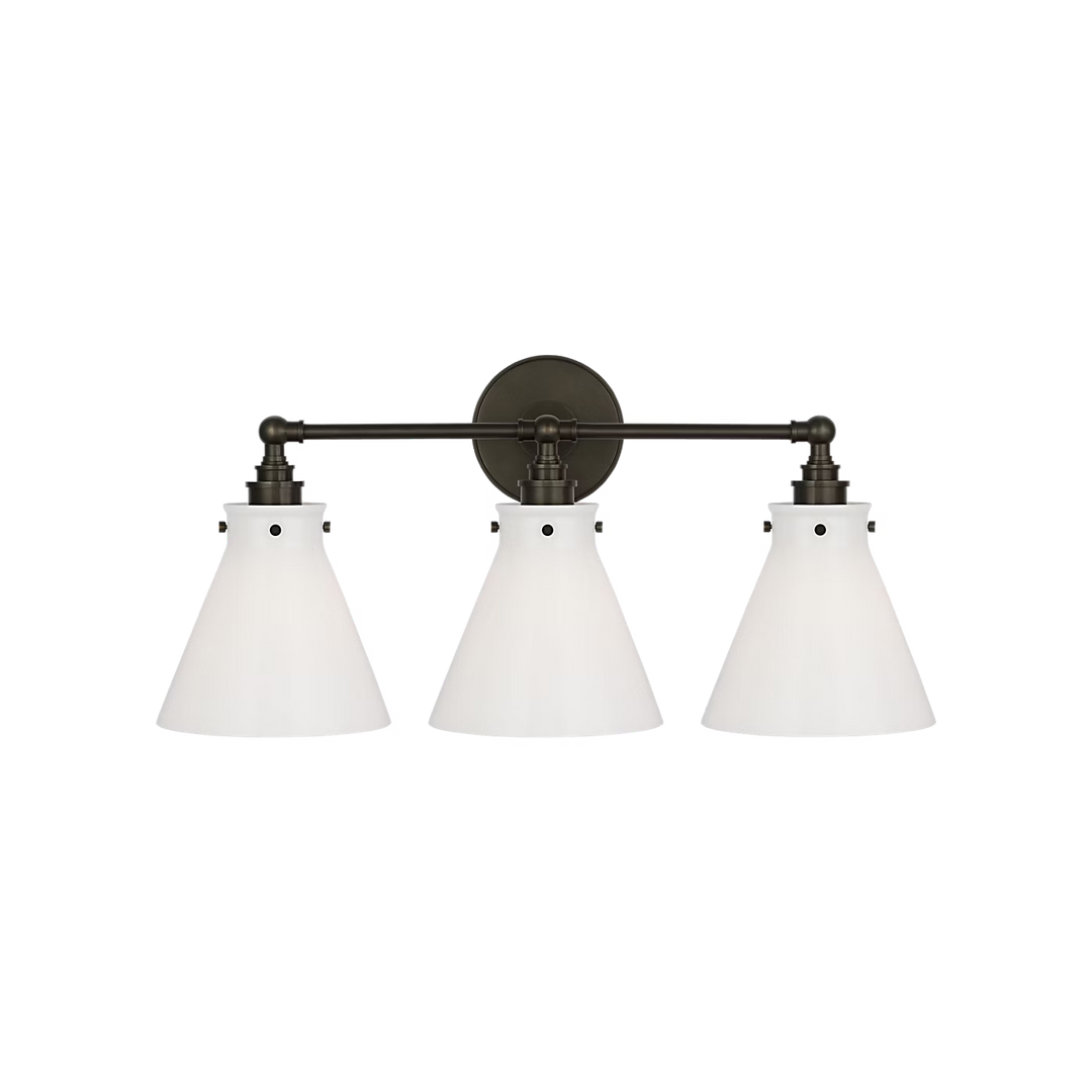 Parkington 24" Three Light Bath Bar in Bronze with White Glass