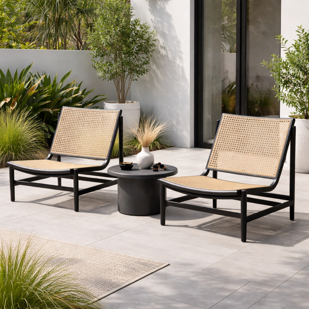 Two outdoor lounge chairs with a small table on a patio with plants and a building in the background.
