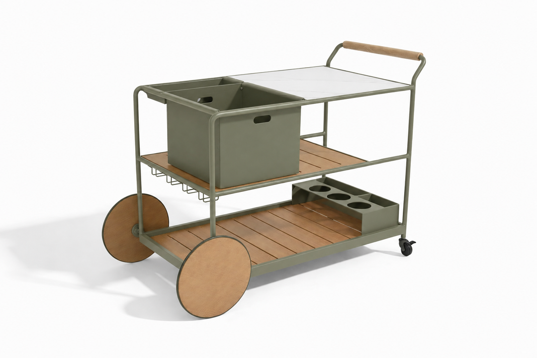 Enzo Bar Cart with Ceramic Calacatta Gold Top - Olive Green