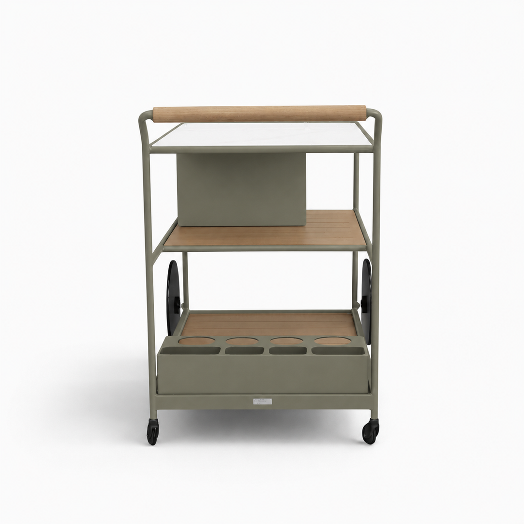Enzo Bar Cart with Ceramic Calacatta Gold Top - Olive Green