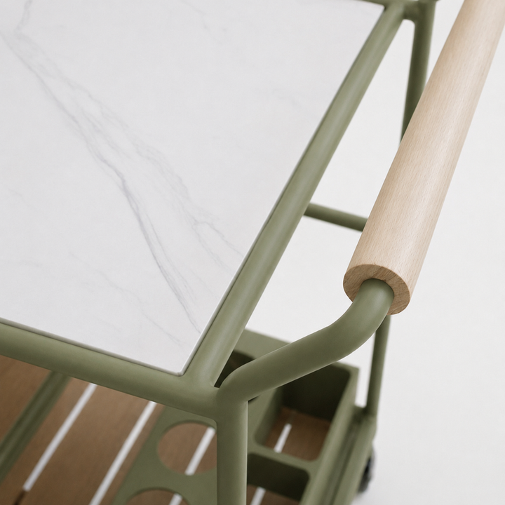 Enzo Bar Cart with Ceramic Calacatta Gold Top - Olive Green
