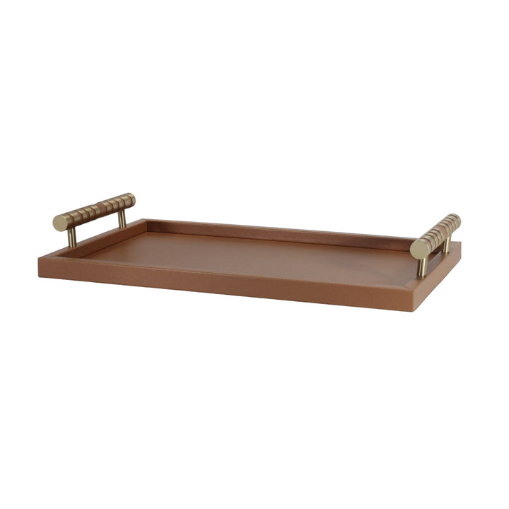 Cambridge Rectangular Tan Faux Leather Tray with brass detailed handle
