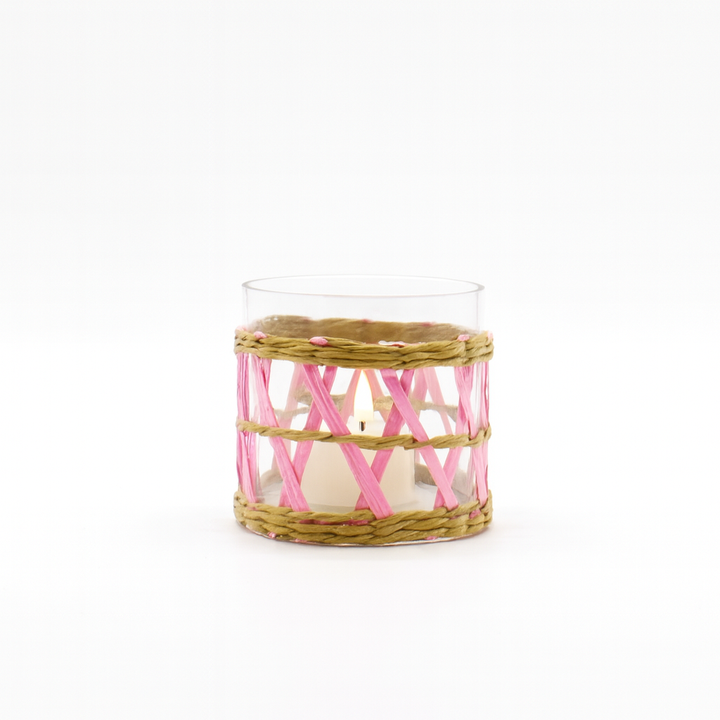 Island Wrapped Pink & Wicker Hurricane/Vase - X Small
