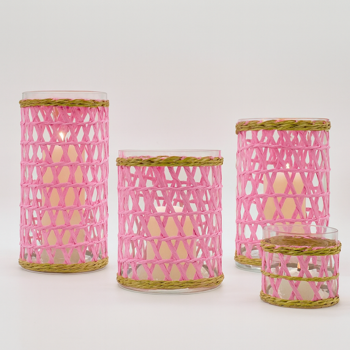 Island Wrapped Pink & Wicker Hurricane/Vase - X Small