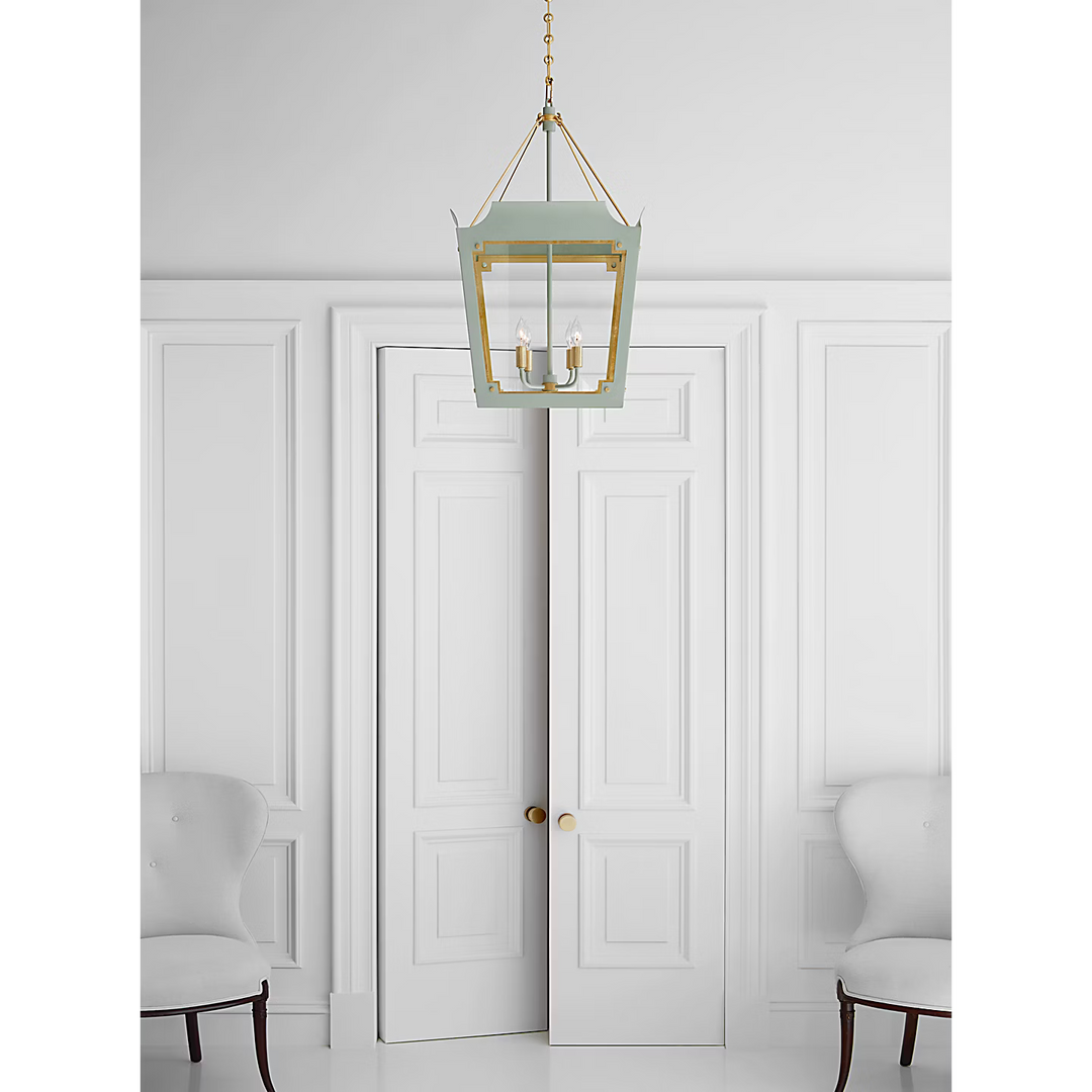 Caddo Medium Lantern in Celedon and Gild with Clear Glass