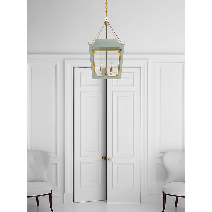 Caddo Medium Lantern in Celedon and Gild with Clear Glass