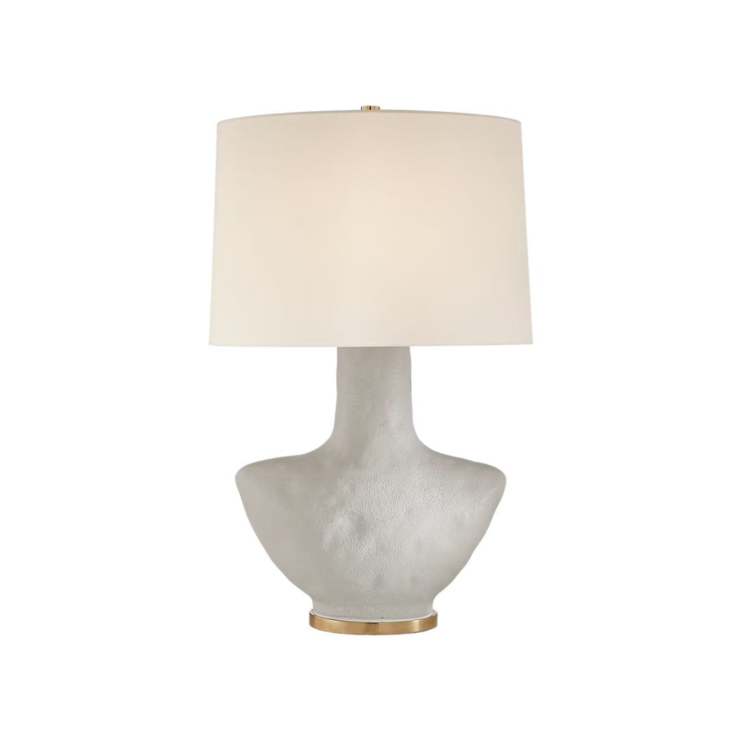 Armato Small Table Lamp in Porous White Ceramic with Oval Linen Shade
