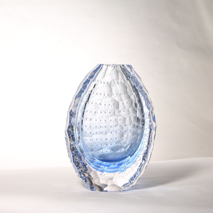 Hand Blown Blue Faceted Glass Vase with Bubbles