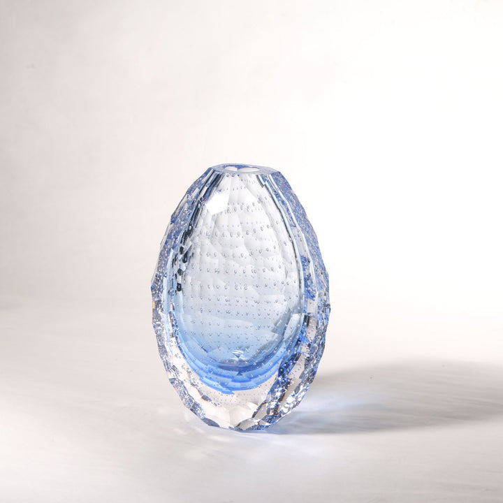 Hand Blown Blue Faceted Glass Vase with Bubbles