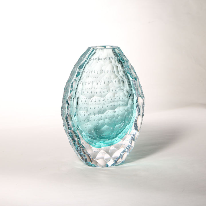 Hand Blown Green Faceted Glass Vase with Bubbles