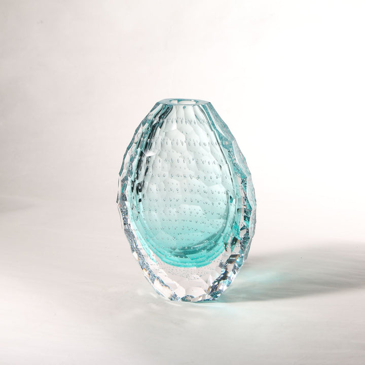 Hand Blown Green Faceted Glass Vase with Bubbles