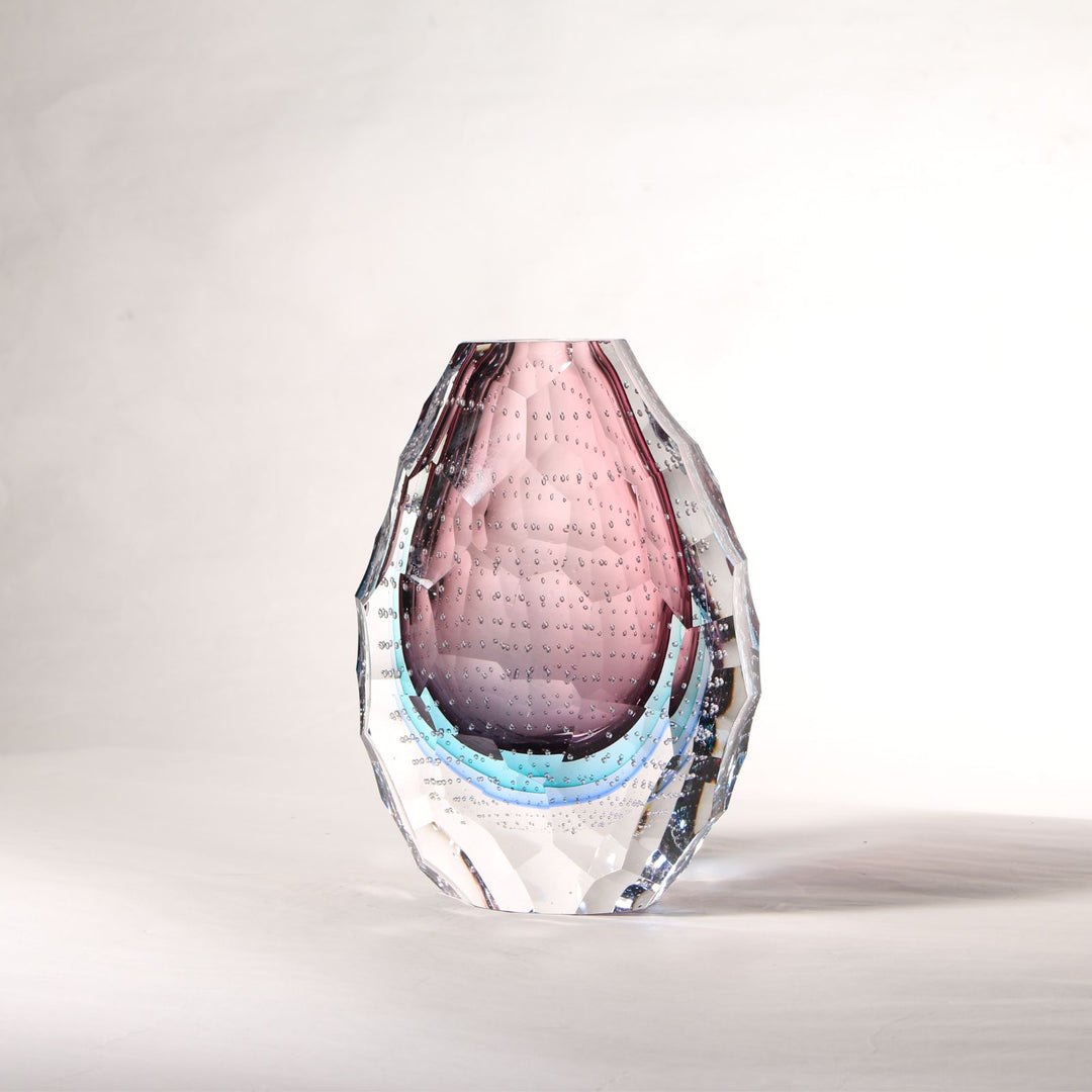 Hand Blown Purple Faceted Glass Vase with Bubbles