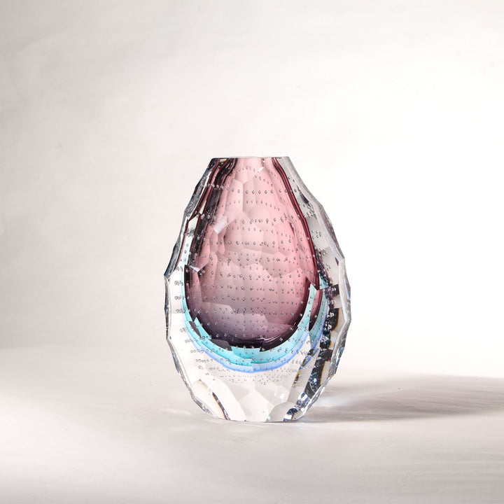 Hand Blown Purple Faceted Glass Vase with Bubbles