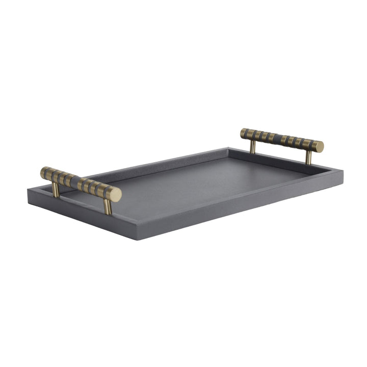 Cambridge Rectangular Black Faux Leather Tray with Brass Detailed Handle