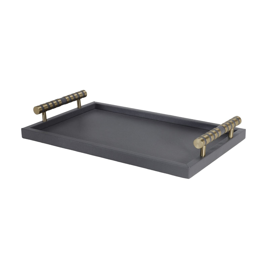Cambridge Rectangular Black Faux Leather Tray with Brass Detailed Handle