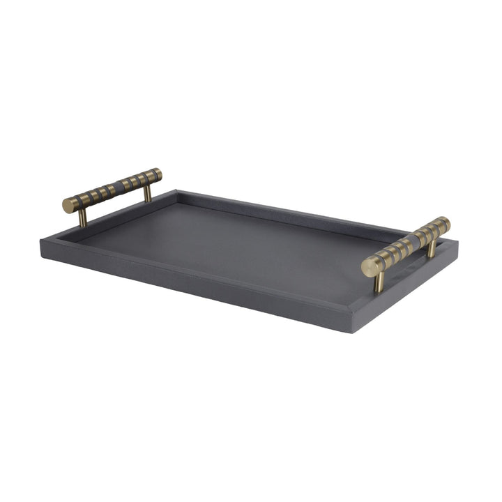 Cambridge Rectangular Black Faux Leather Tray with Brass Detailed Handle
