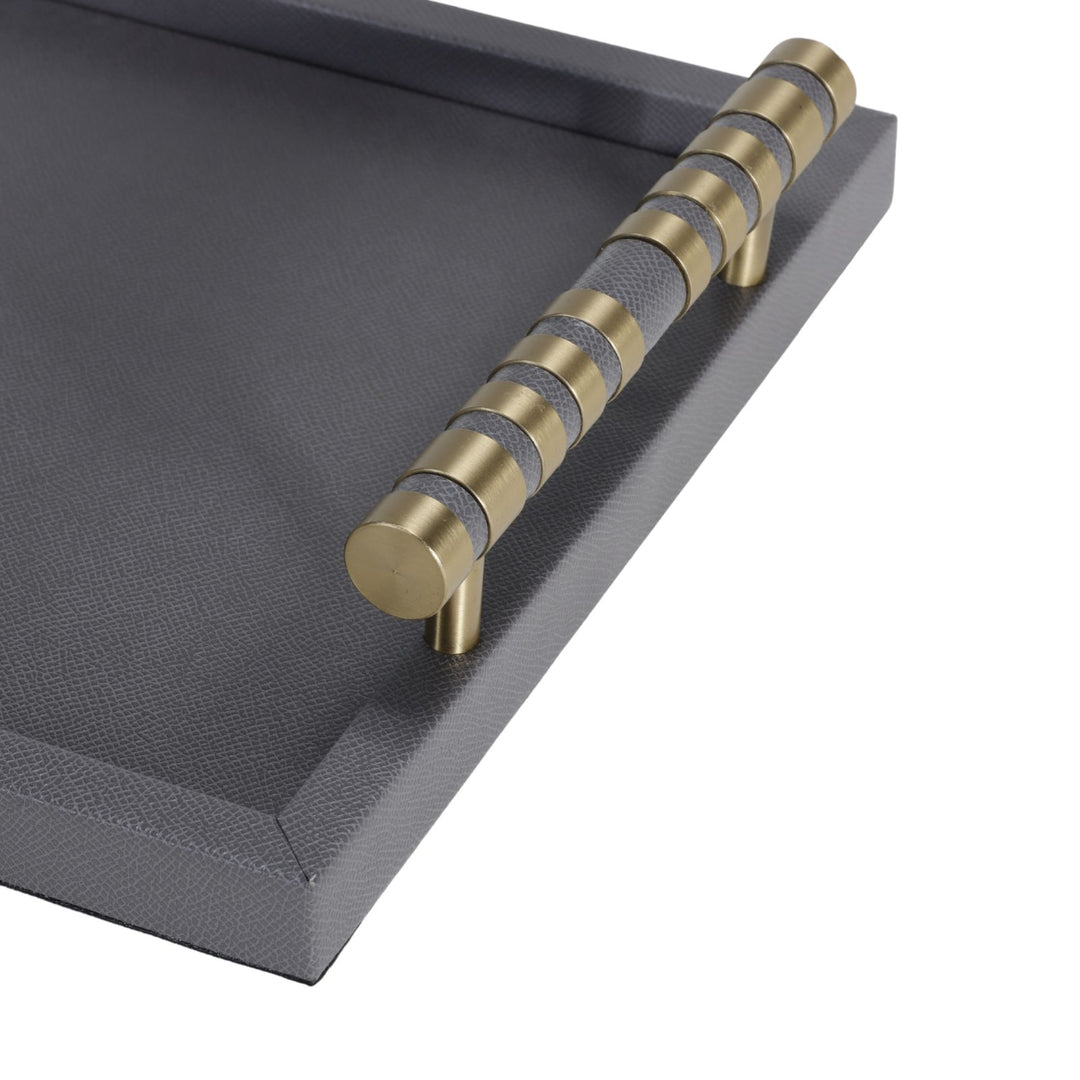 Cambridge Rectangular Black Faux Leather Tray with Brass Detailed Handle