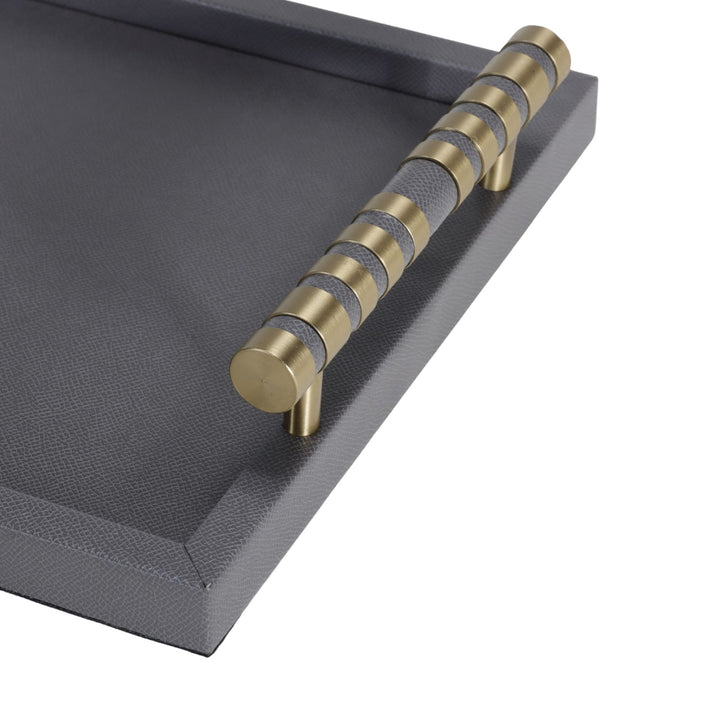 Cambridge Rectangular Black Faux Leather Tray with Brass Detailed Handle