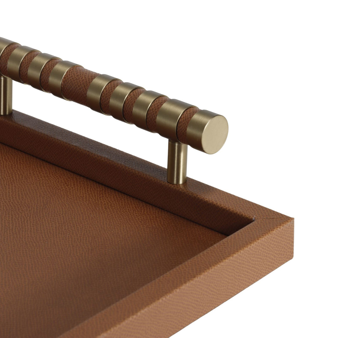 Cambridge Rectangular Tan Faux Leather Tray with brass detailed handle